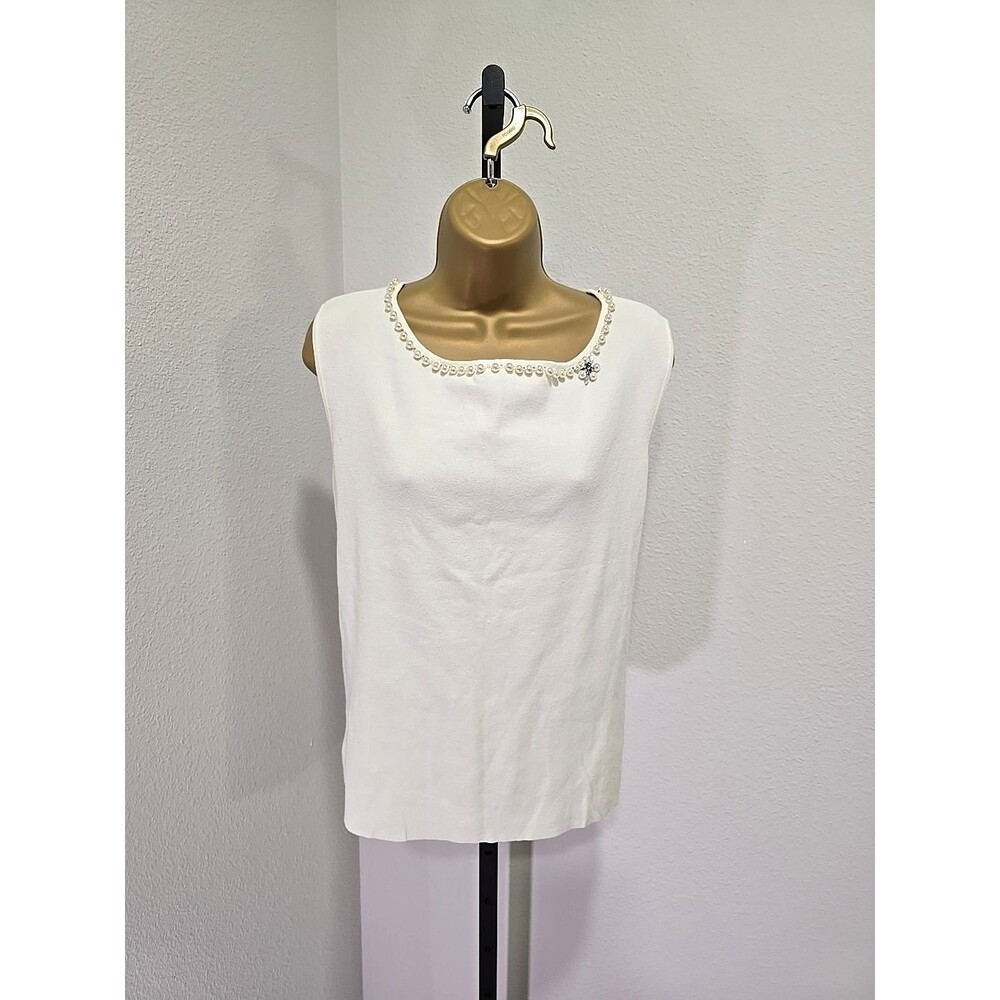 Ivory Pearl Rhinestone Sleeveless Sweater Womens XL Shell Quiet Luxury Old Money